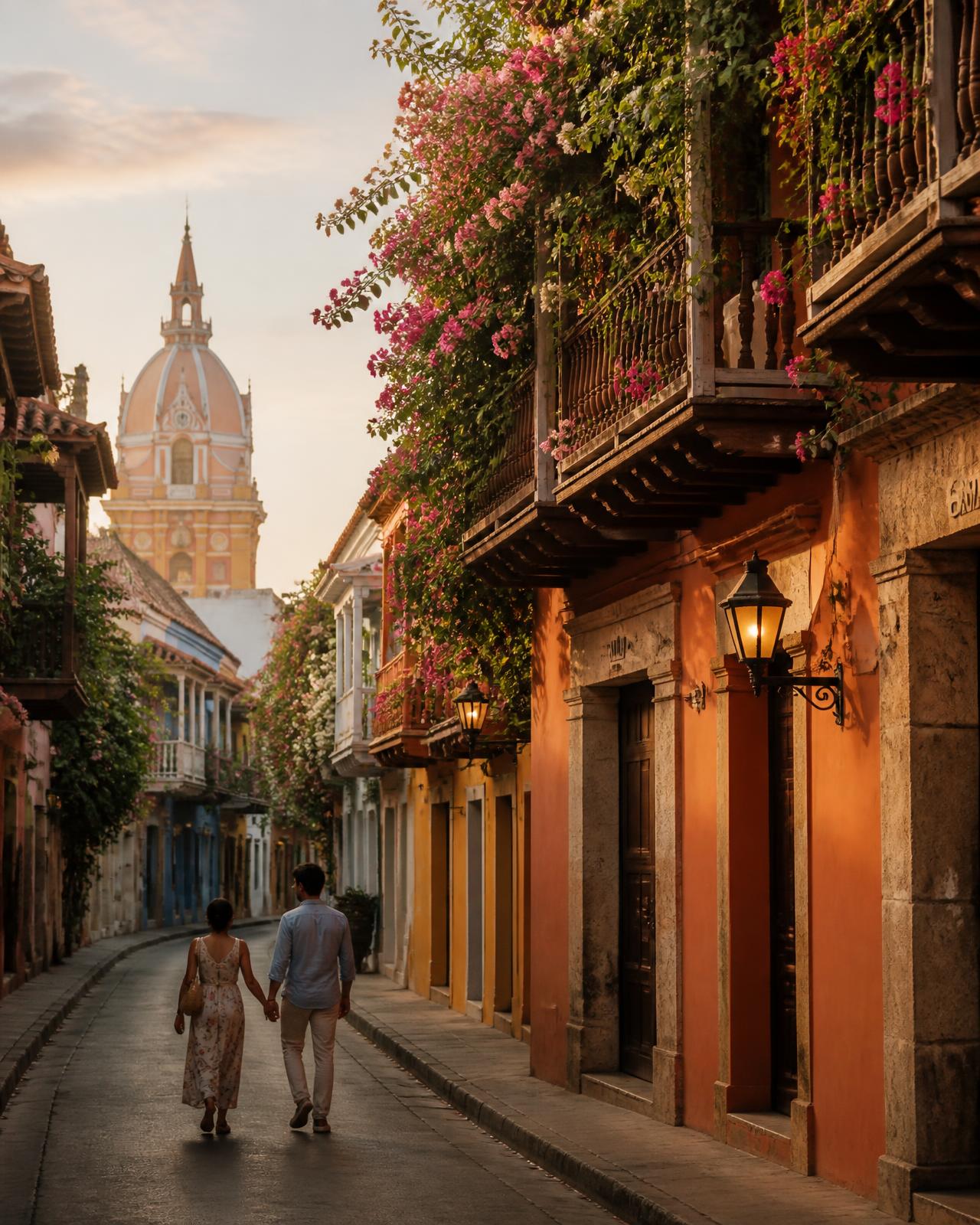 Rua colonial colorida da cidade amuralhada de Cartagena