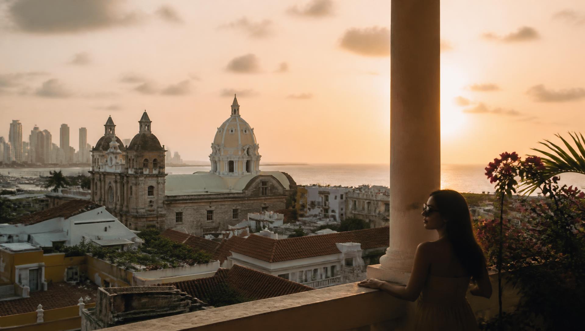 Vista dos telhados de Cartagena e do mar do Caribe ao amanhecer