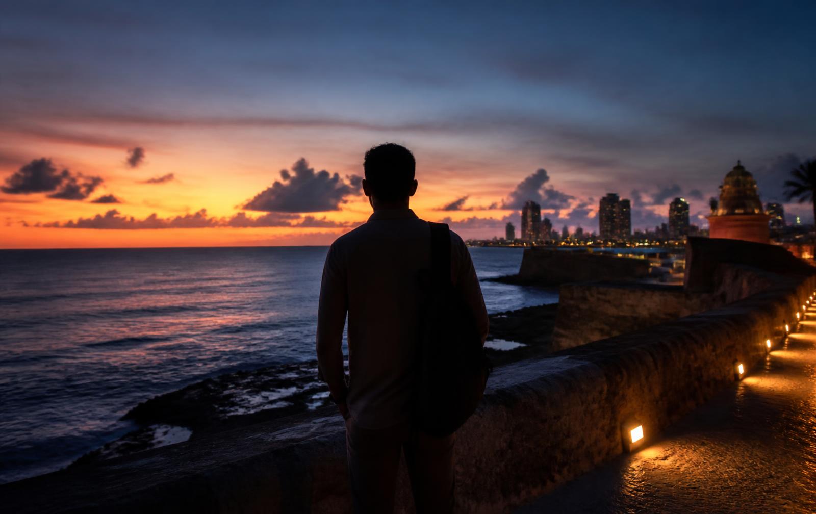 Viajante observando o pôr do sol sobre o Caribe a partir das muralhas de Cartagena